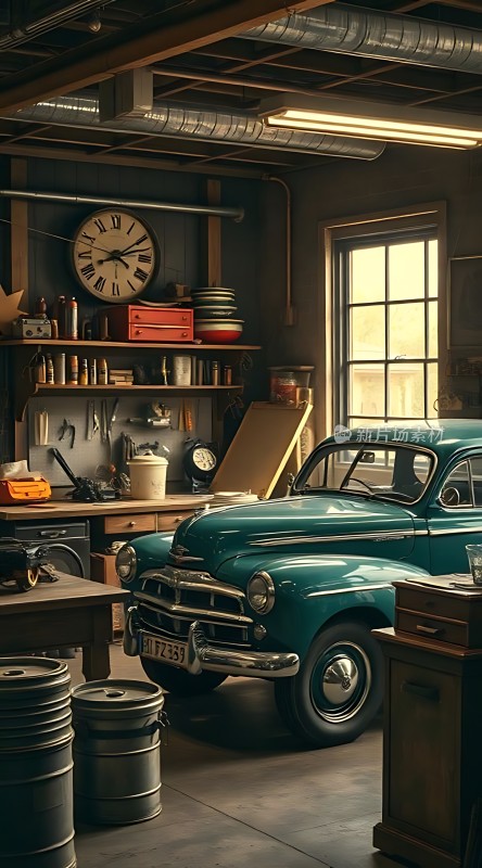 复古车库里的经典蓝车