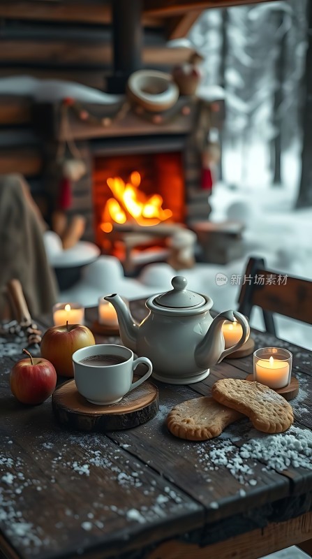 冬日暖炉旁的温馨茶歇时光