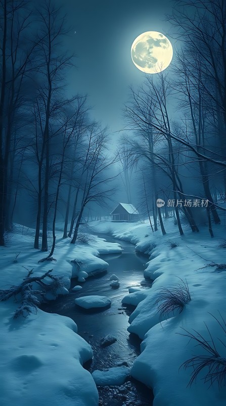 雪夜月光下的静谧小屋