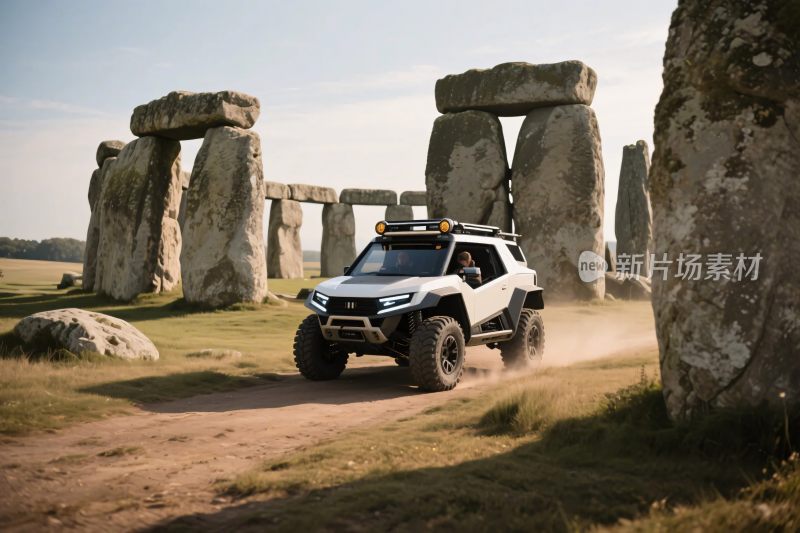 越野车穿行巨石阵场景