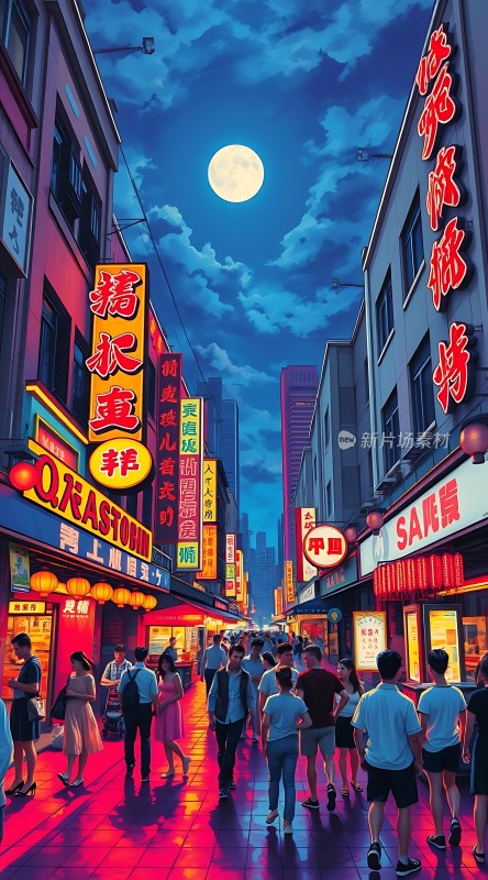 霓虹闪烁夜市繁华月下人群熙攘