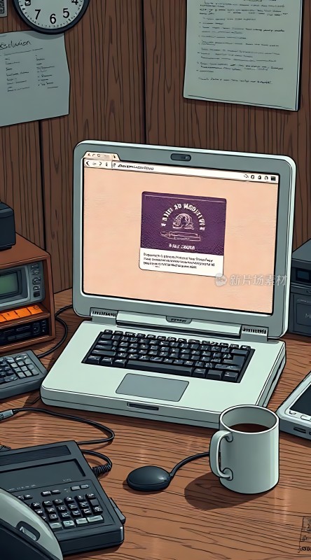 复古办公场景电脑、咖啡杯与文件