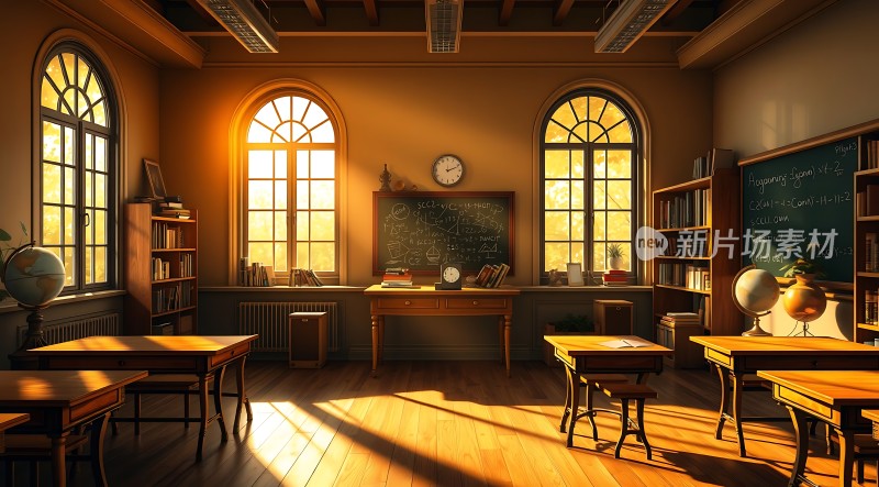 阳光洒满古风教室书桌、黑板和地球仪点缀其中