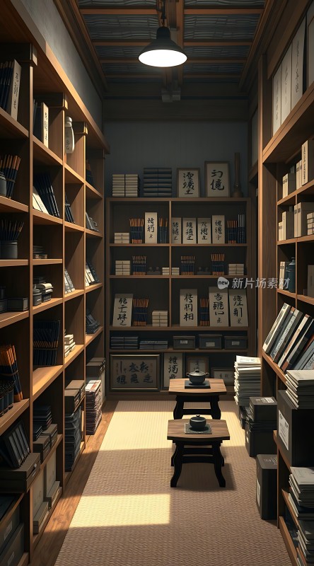 古色古香书房书架、桌椅与书法作品营造宁静氛围