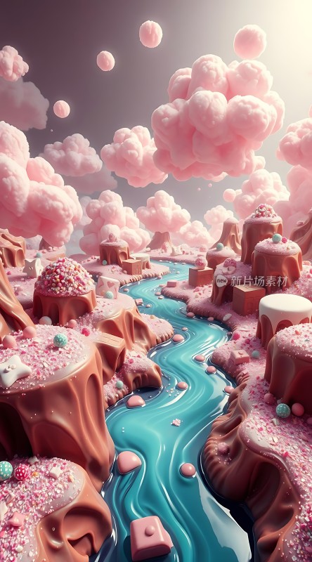 粉色云朵与蓝色河流交织的梦幻世界