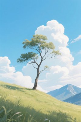 草原上的孤独树木与远山 草原上的孤独树木与远山