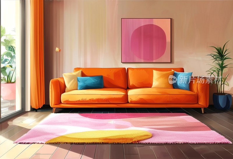 橙色沙发粉地毯