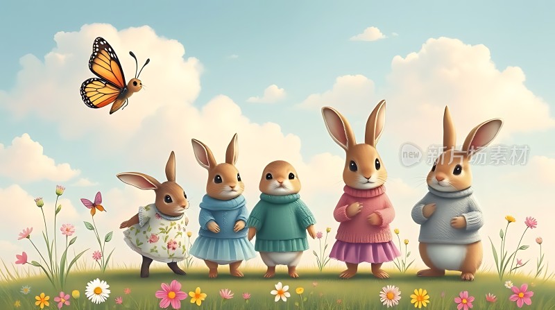 春日草地上的可爱小兔子们