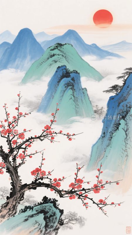山水间红梅映红日图景