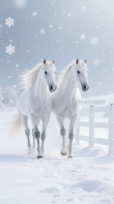 雪地中双匹白马奔腾