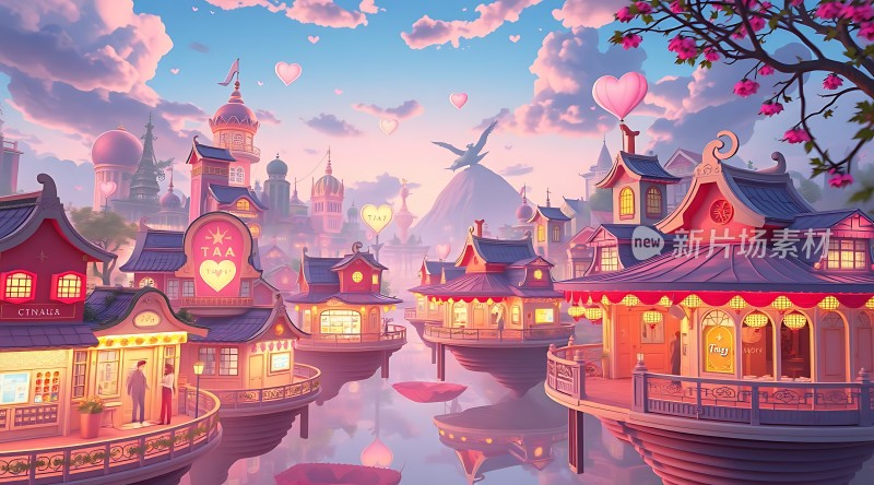 梦幻水乡漂浮建筑与浪漫天空