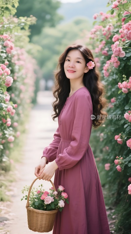 紫裙佳人花篮玫瑰漫步花径