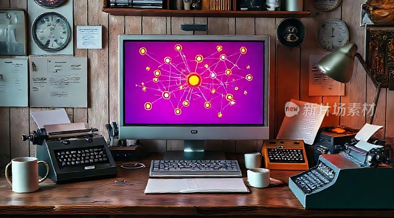 复古办公桌上的电脑与打字机