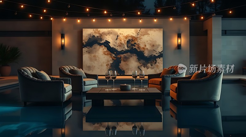 现代户外休闲区舒适座椅与艺术画作相映成趣