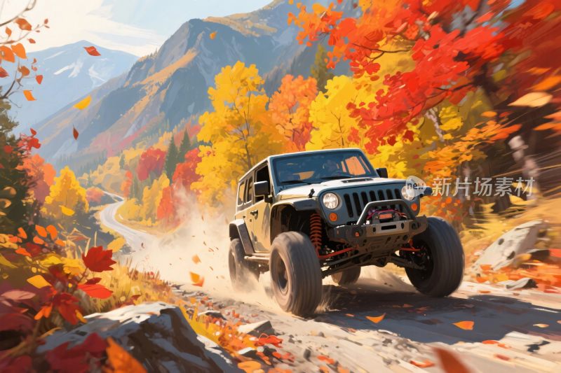 秋日越野吉普车行驶在山路上