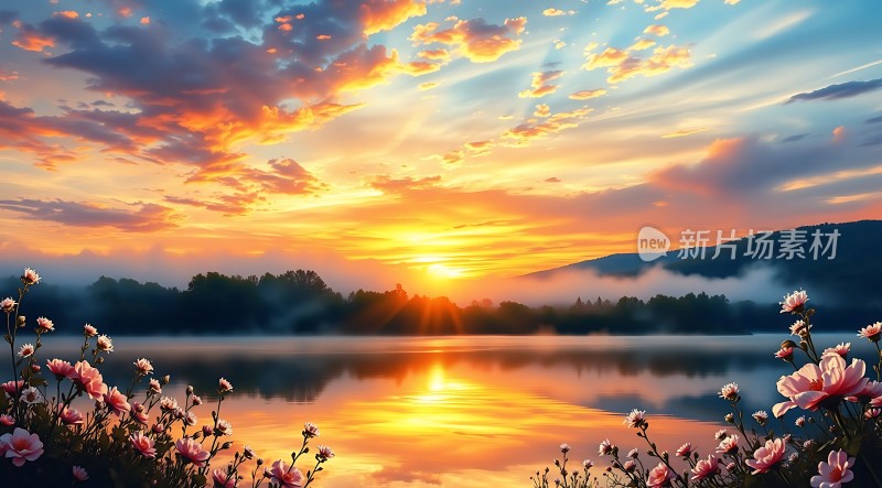 湖畔花语映日辉