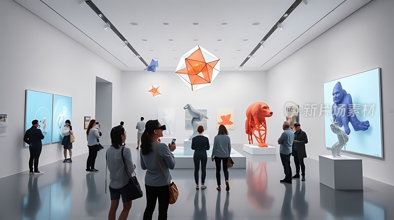 艺术馆内参观者欣赏现代雕塑作品