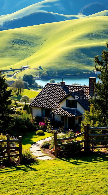 绿色山谷中的宁静小屋