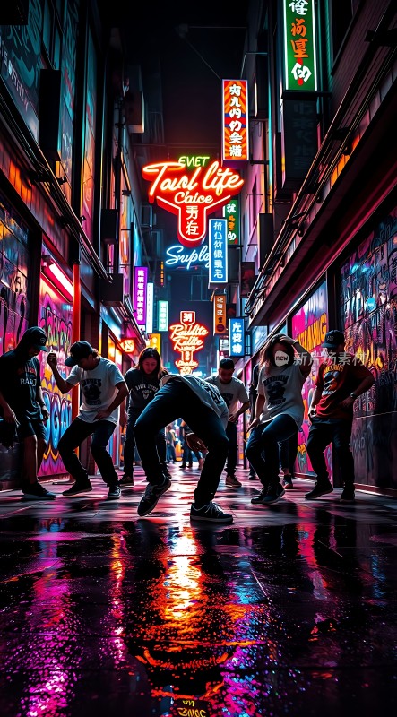 霓虹灯光下街舞少年活力四射