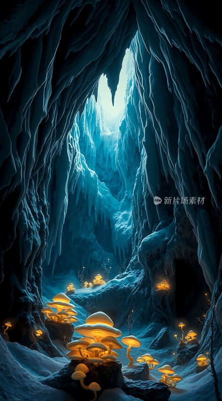 神秘洞穴中的发光蘑菇
