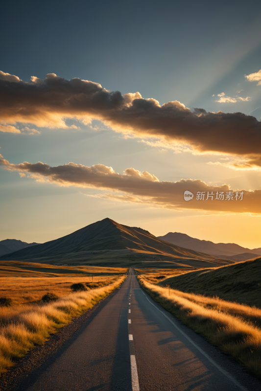 道路一座山一个日落高清风景图片