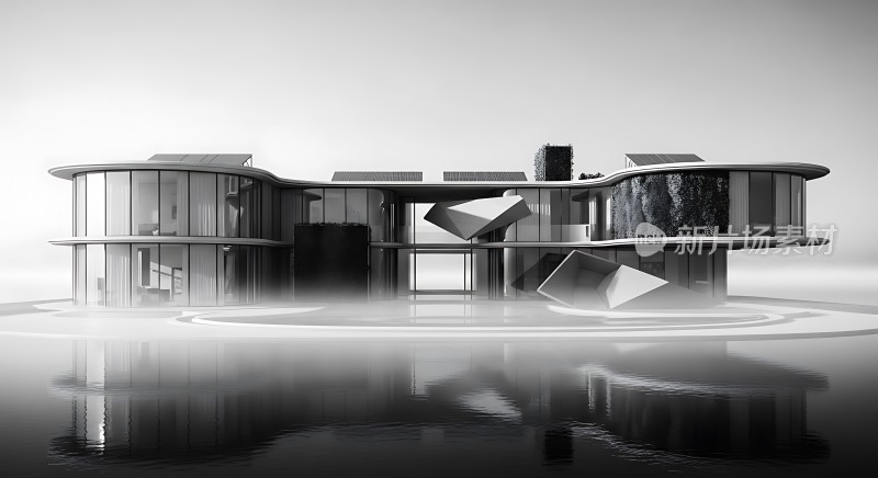 未来主义建筑在水面上倒影