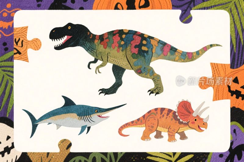 卡通恐龙与海洋生物插画