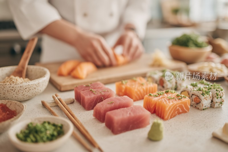 厨师制作多彩寿司画面