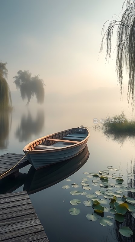 湖畔轻舟映水莲