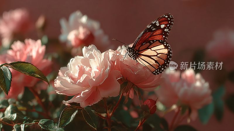 蝴蝶停留在粉色花朵上