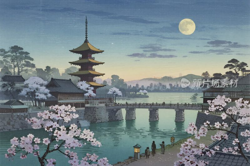 古塔樱花夜景插画