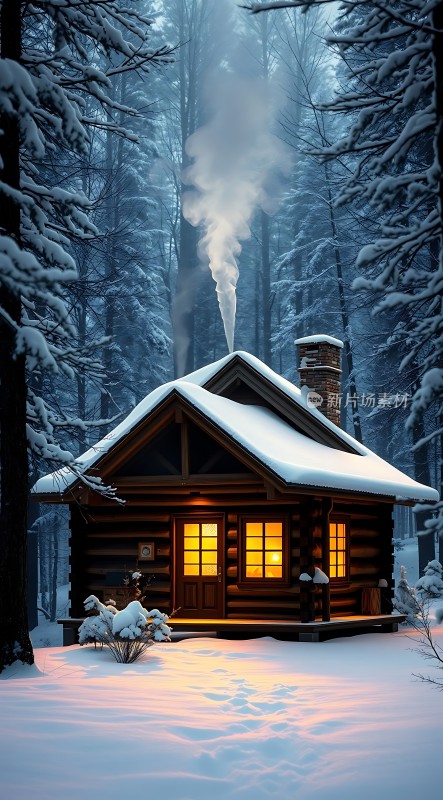 雪夜小木屋温馨宁静