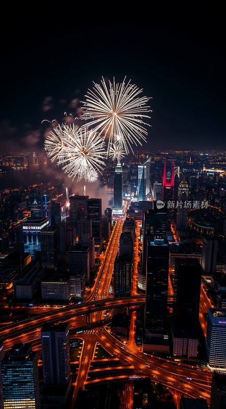 璀璨烟花点亮繁华都市夜景