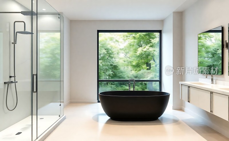 现代浴室设计简约风格自然光线充足黑色浴缸显眼