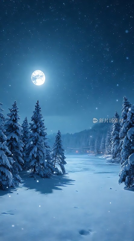 雪夜月下静谧森林