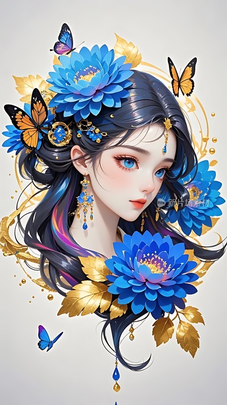 蓝色花海中的梦幻女孩