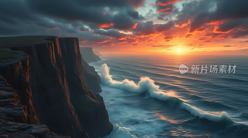 日落悬崖海浪