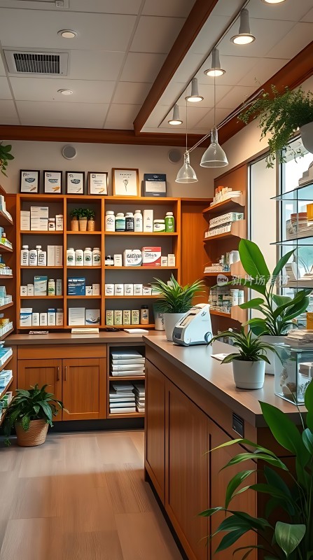 温馨药房绿意盎然药品整齐摆放环境舒适宜人