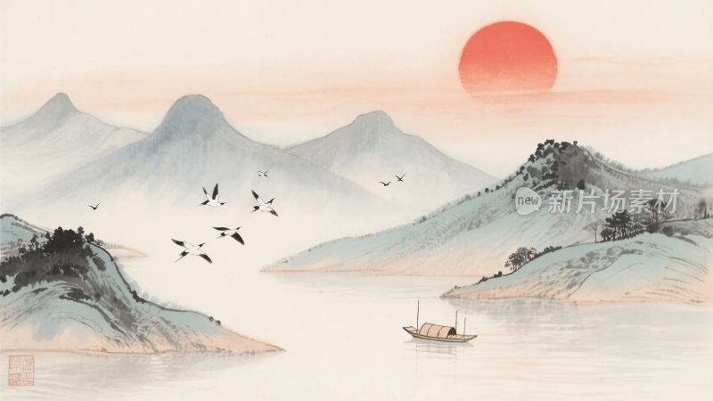 中式山水日出图