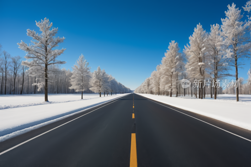 两侧树木和积雪横扫道路高清图片