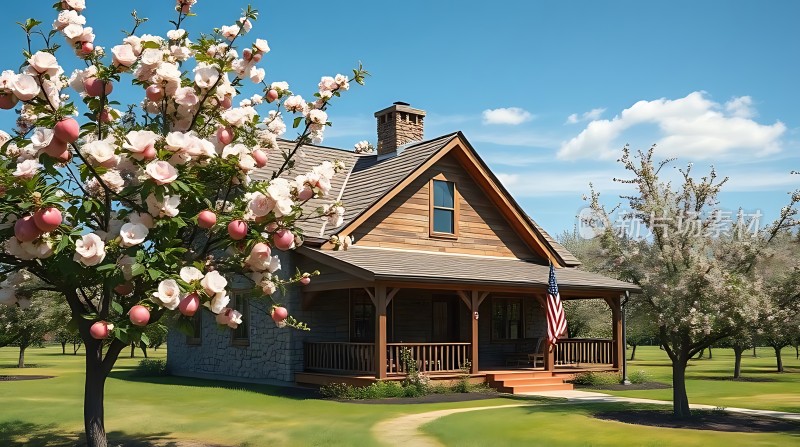 乡村小屋苹果树下的宁静家园