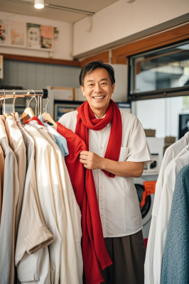 身穿白衬衫和红领巾的男子站在衣服架前图片