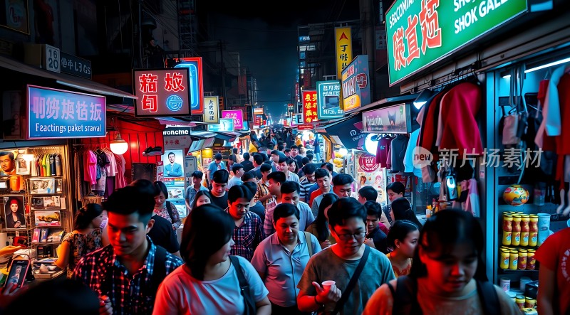 繁华夜市人潮涌动霓虹灯下热闹非凡