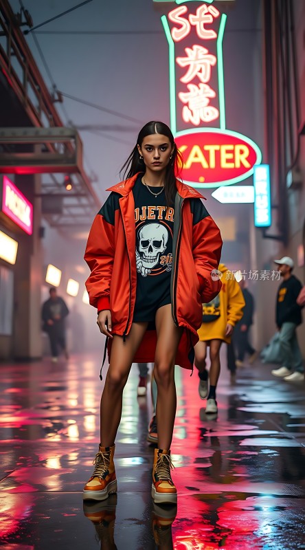 霓虹街头时尚女孩展现独特魅力！