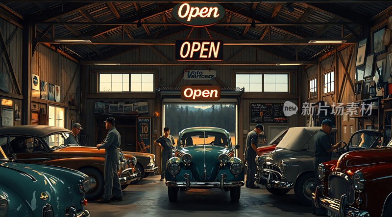复古车库里的经典汽车与修理工