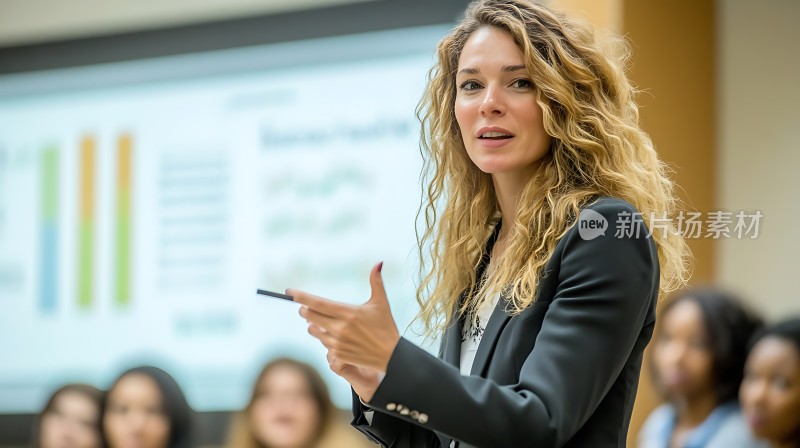 商务女性自信演讲观众专注聆听