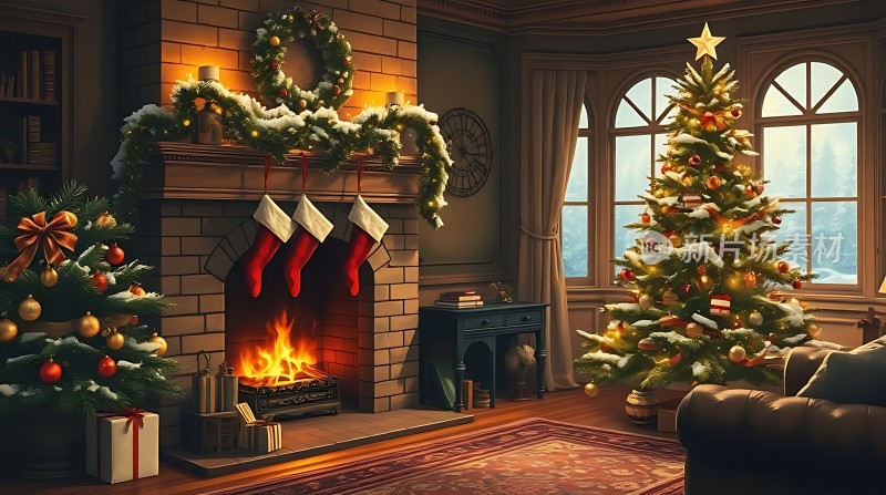 圣诞温馨之家壁炉旁的节日氛围