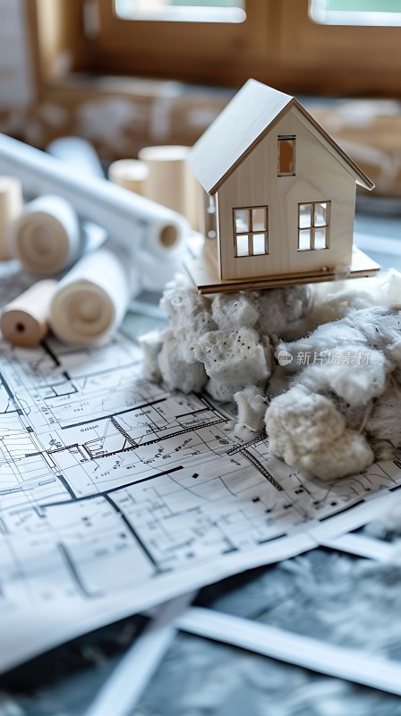 建筑蓝图上的木制房屋模型