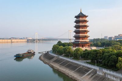 滨水古塔城市风光