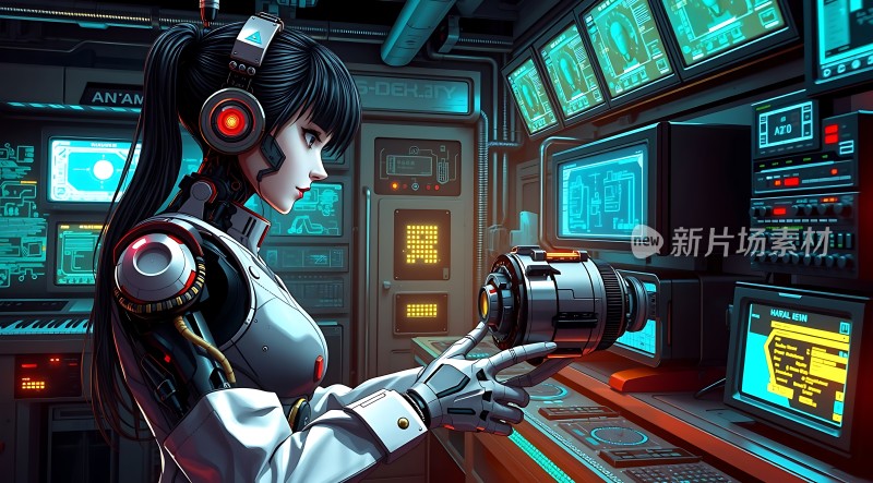 机械少女操作高科技设备